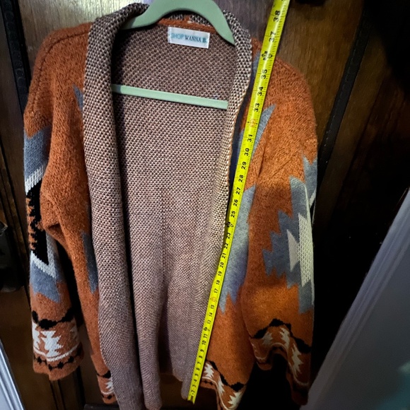 Orange & Gray Aztec Print Open Front Long Cardigan - Picture 6 of 6